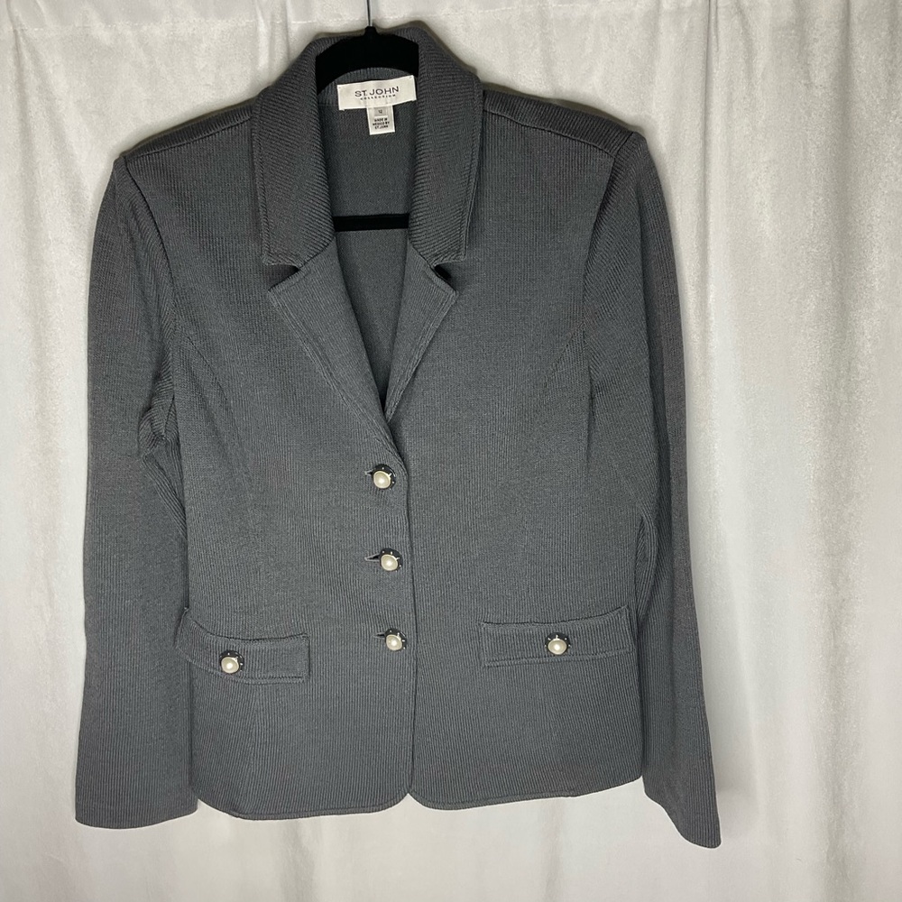 St. John Collection Gray Knit Blazer Shoulder Pads Wool Blend Size 12